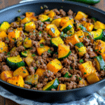 Ground beef zucchini sweet potato skillet in a black pan with fresh parsley