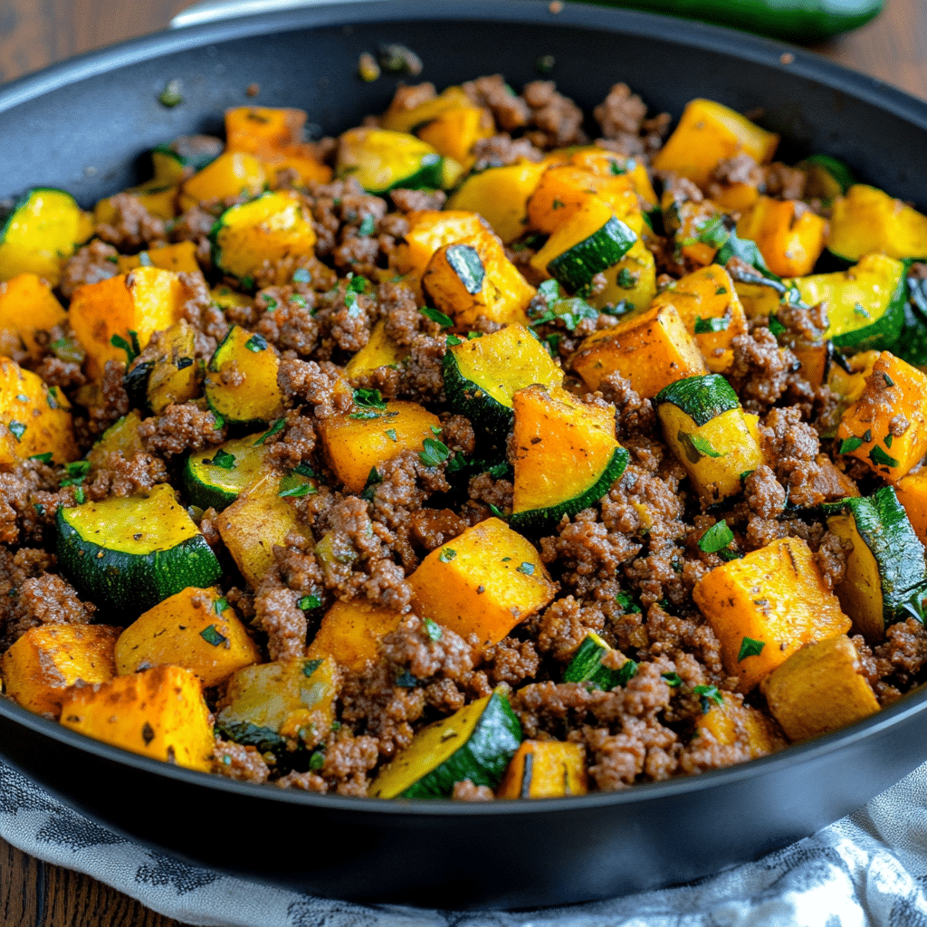 Ground beef zucchini sweet potato skillet in a black pan with fresh parsley