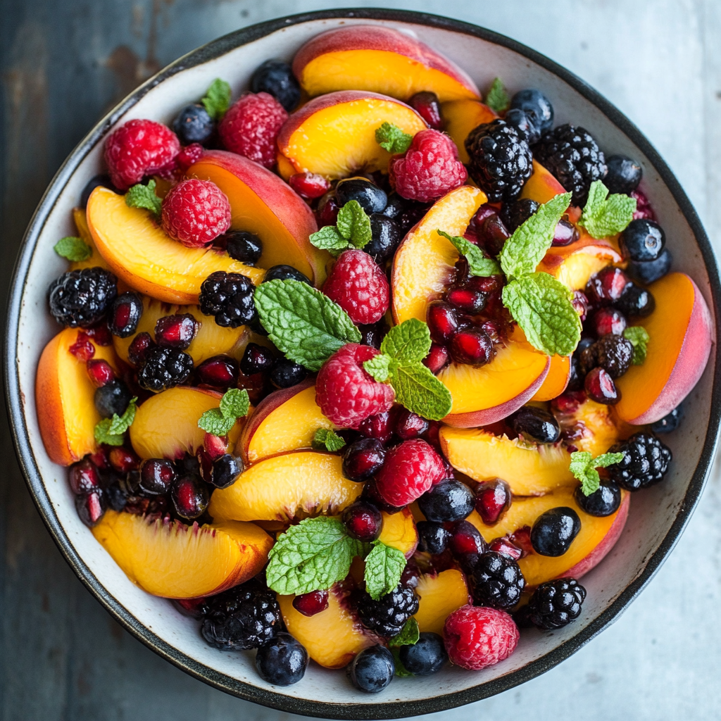 Honey lime basil peach fruit salad with fresh berries and mint in a white bowl