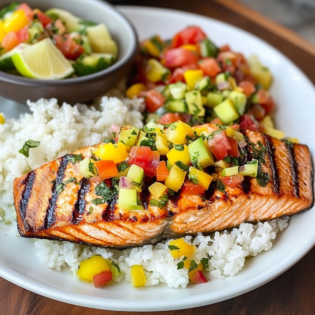 Grilled Salmon With Sides: The Ultimate Pairing Guide for a Delicious Meal 11 grilled salmon with rice and fresh cucumber avocado tomato salsa