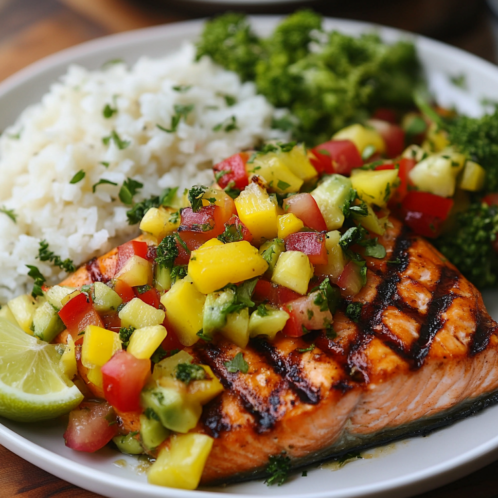 Grilled Salmon With Sides: The Ultimate Pairing Guide for a Delicious Meal 9 grilled salmon with mango salsa, rice, and steamed broccoli