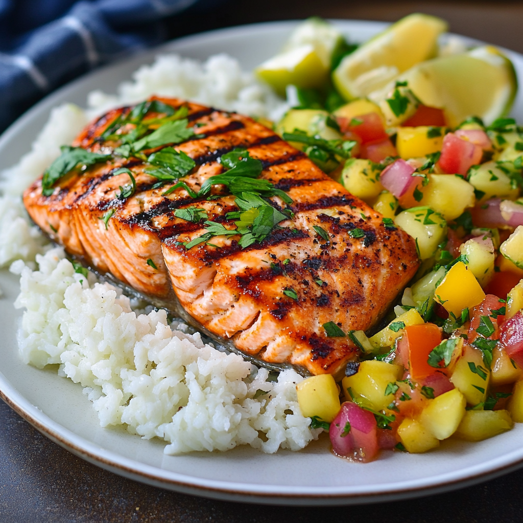 Grilled Salmon With Sides: The Ultimate Pairing Guide for a Delicious Meal 10 grilled salmon over cauliflower rice with tropical fruit salsa