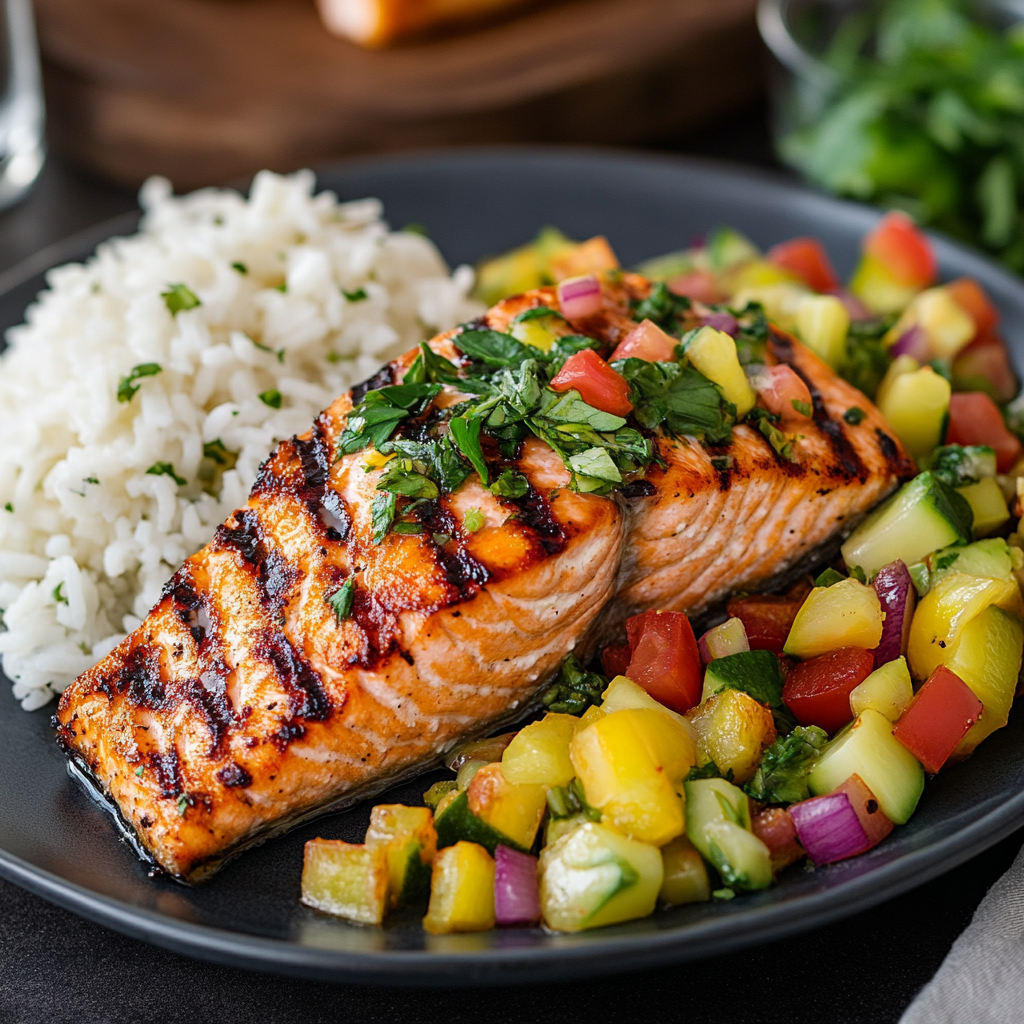 grilled salmon with herb topping, rice, and colorful vegetable medley