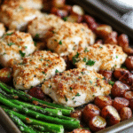 Parmesan Crusted Chicken with asparagus and roasted baby potatoes on a baking tray