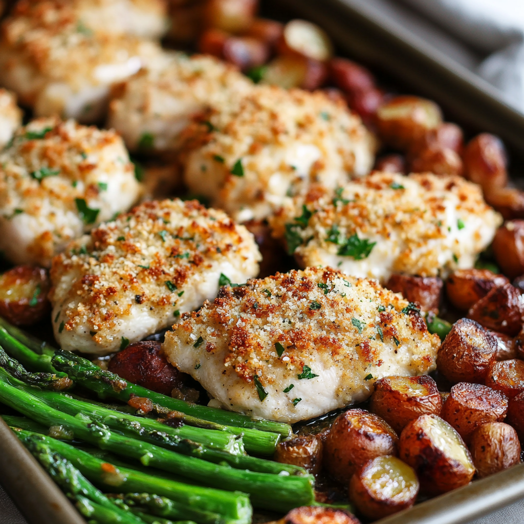 Parmesan Crusted Chicken with asparagus and roasted baby potatoes on a baking tray
