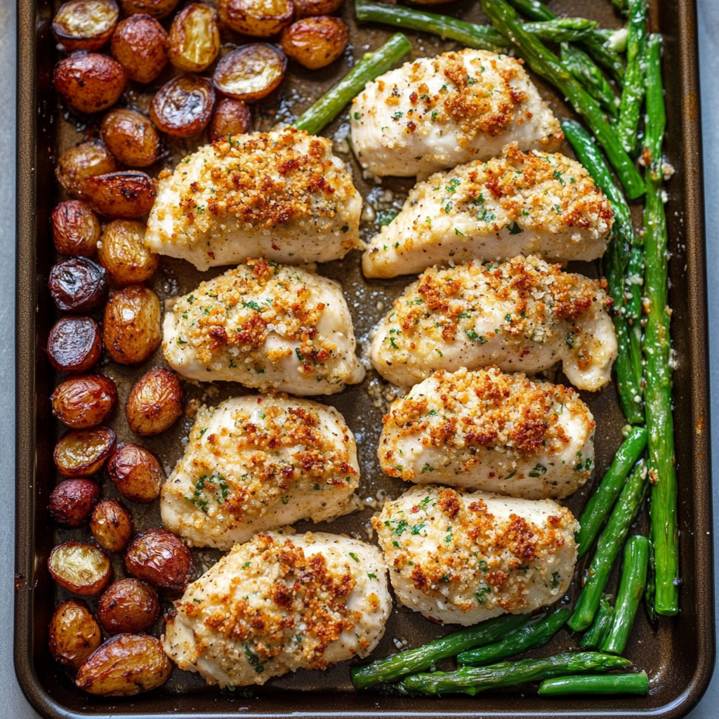 Sheet pan Parmesan Crusted Chicken with roasted potatoes and asparagus