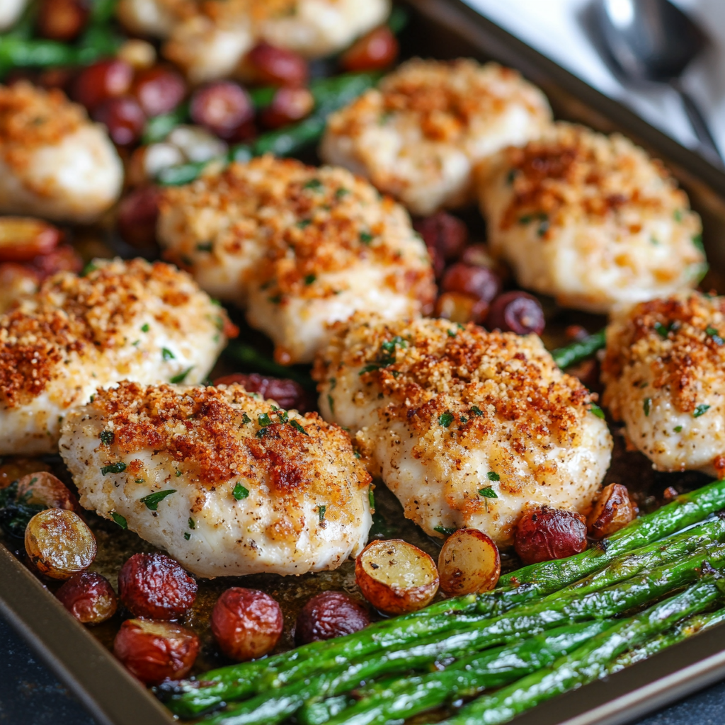 Close-up of crispy Parmesan Crusted Chicken with asparagus and potatoes