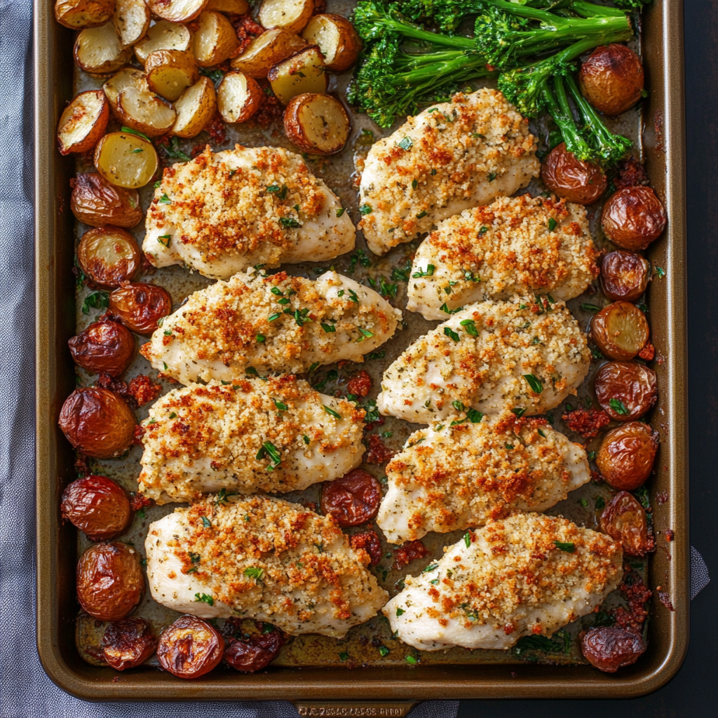 Baked Parmesan Crusted Chicken with broccolini and potatoes