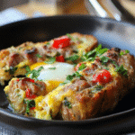 Close-up of sausage and egg breakfast with herbs and peppers
