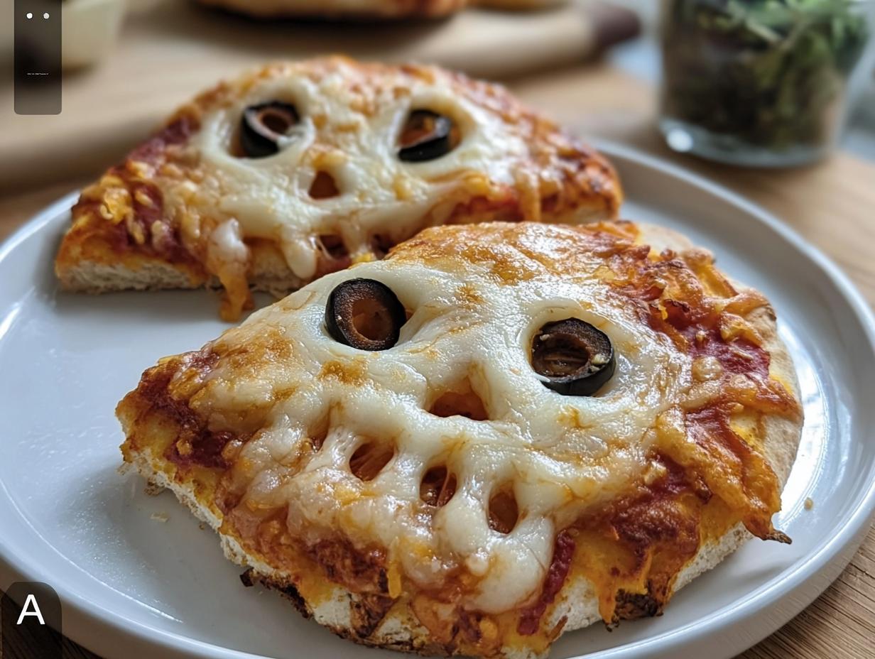 Two Adorable Mini Ghost Pizzas Halloween with olive eyes on a white plate.