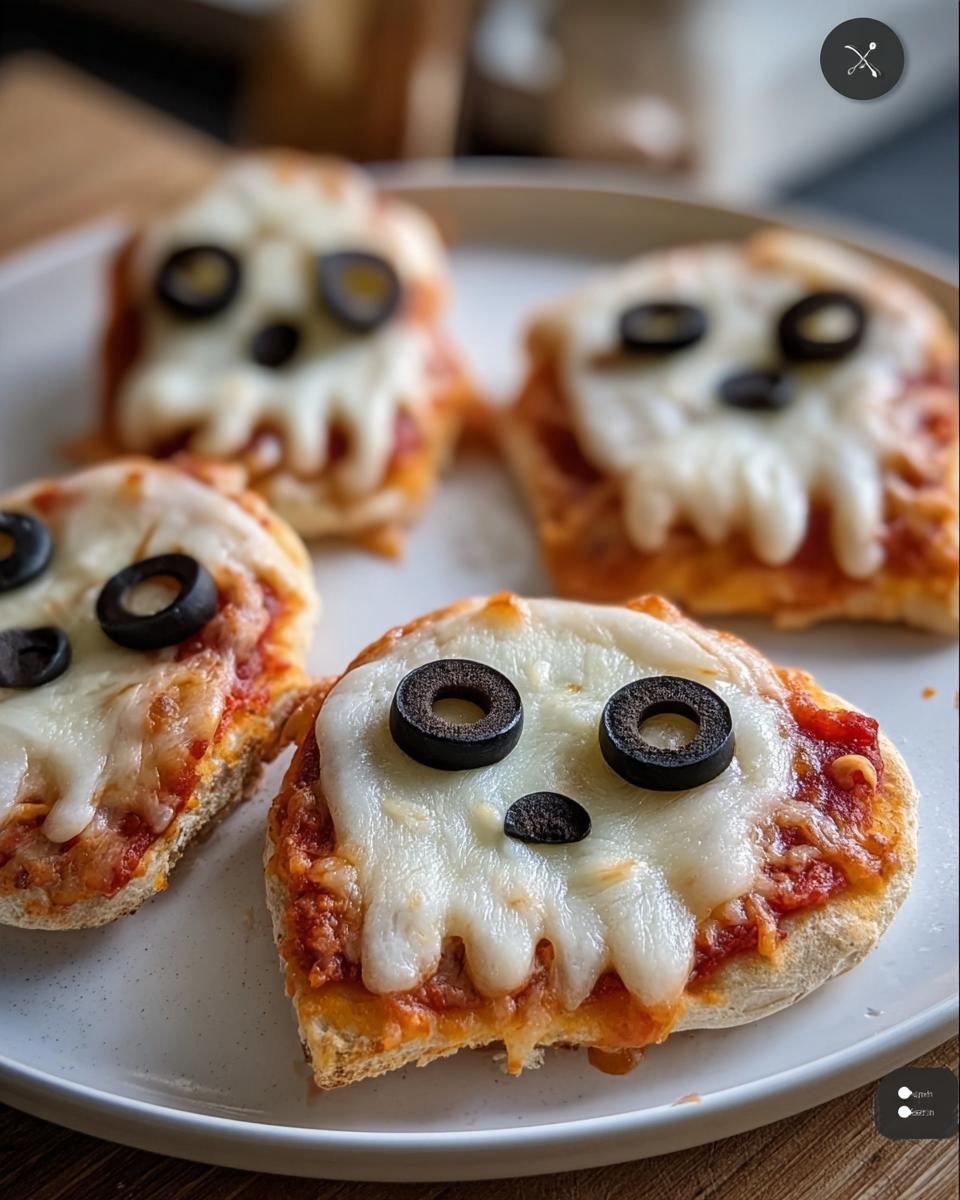 Four Adorable Mini Ghost Pizzas Halloween on a white plate, decorated with cheese and olives.