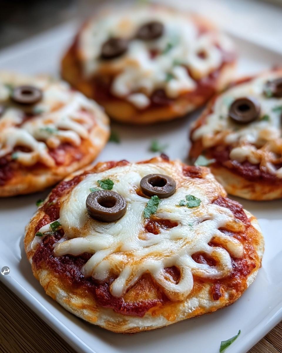 Four Adorable Mini Ghost Pizzas for Halloween, decorated with mozzarella and olive 'eyes'.