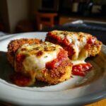Two pieces of golden Air Fryer Chicken Parmesan topped with marinara sauce and melted mozzarella cheese on a gray plate.
