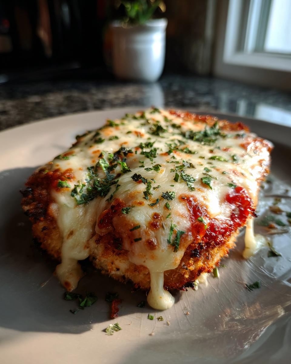 Close-up of Air Fryer Chicken Parmesan on a plate, topped with melted cheese and herbs.