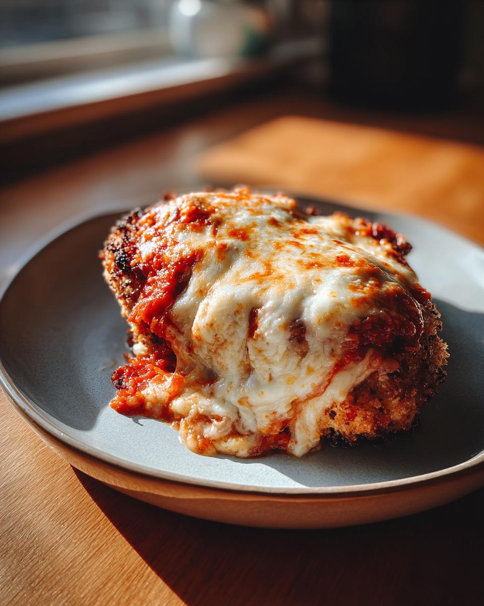 A serving of Air Fryer Chicken Parmesan on a plate, topped with melted cheese and tomato sauce.