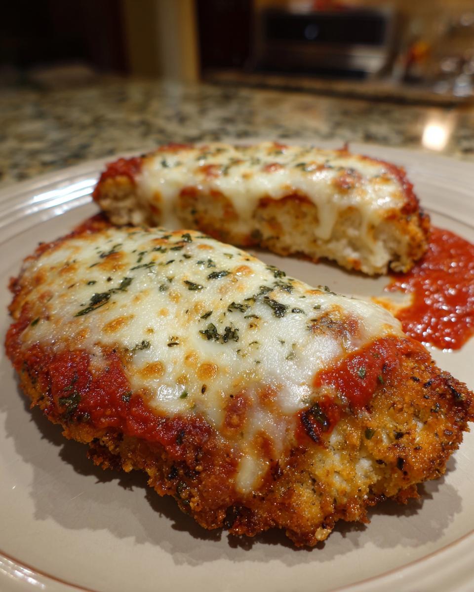 Two pieces of air fryer chicken parmesan on a plate, topped with melted cheese, sauce, and herbs.