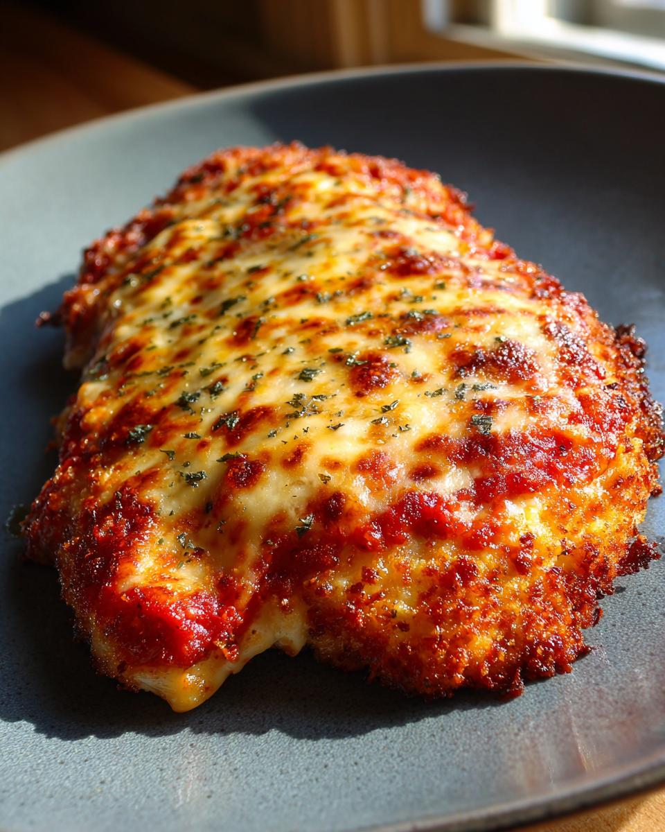 A single serving of Air Fryer Chicken Parmesan on a gray plate, topped with melted cheese and herbs.