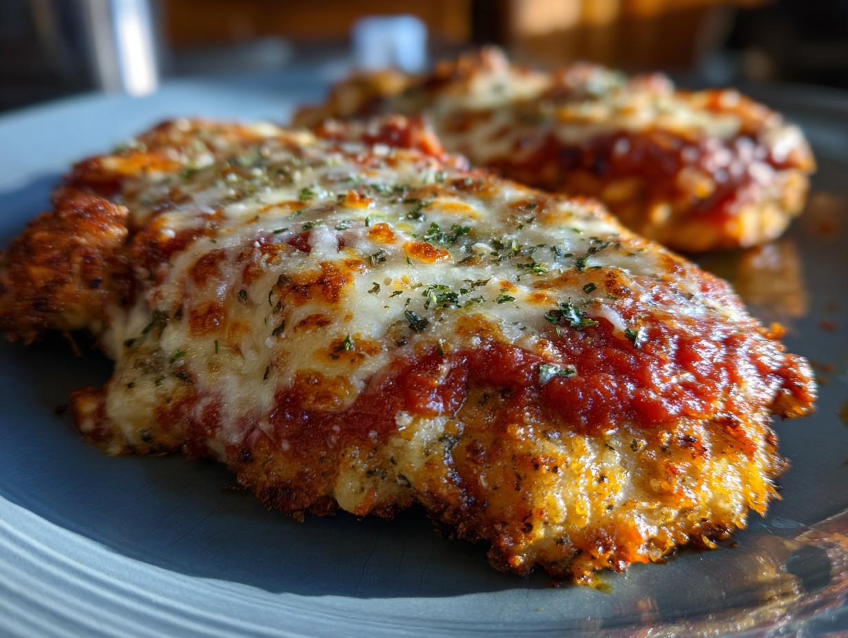 Two pieces of golden Air Fryer Chicken Parmesan on a blue plate, topped with tomato sauce, melted cheese, and herbs.