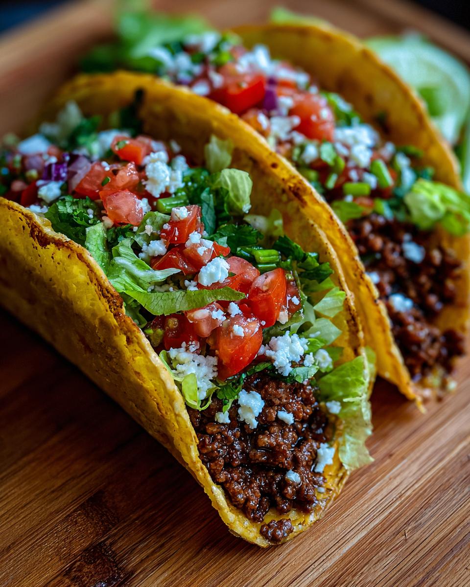 Three Air Fryer Tacos Extravaganza filled with ground beef, lettuce, tomatoes, and cheese on a wooden board.