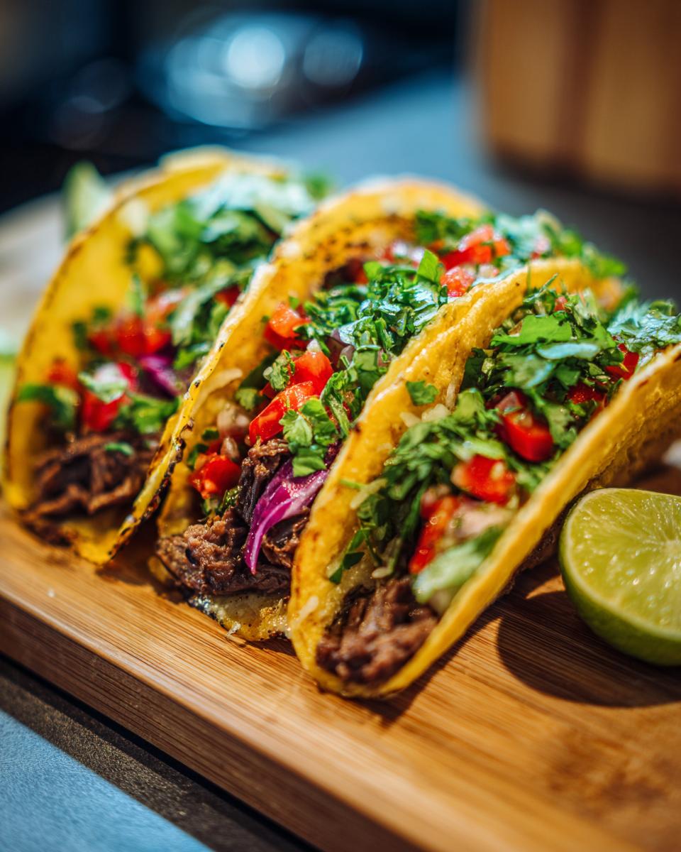 Three delicious Air Fryer Tacos Extravaganza filled with meat, vegetables, and herbs, served on a wooden board with lime.