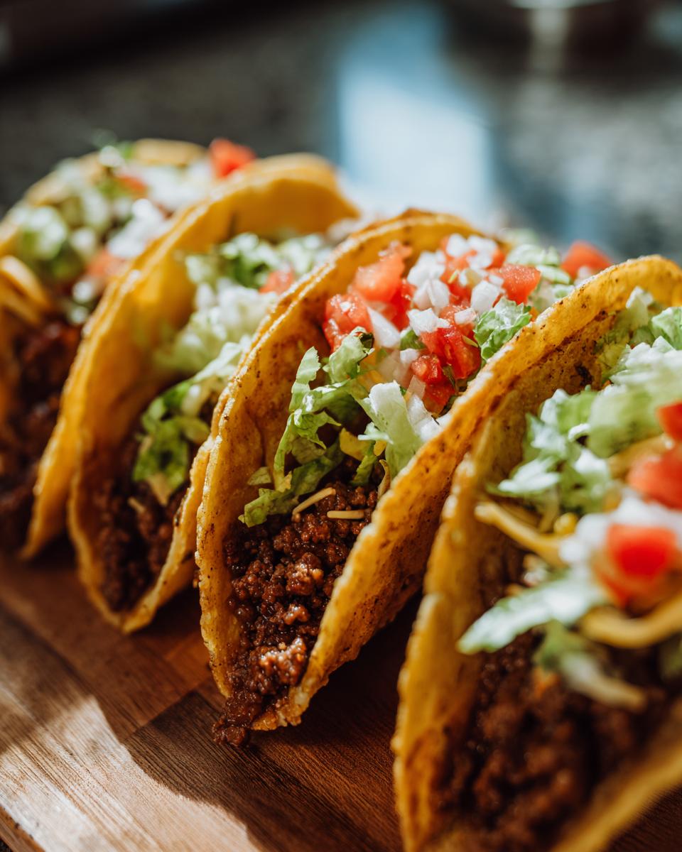 A row of crispy Air Fryer Tacos Extravaganza filled with seasoned meat, lettuce, tomatoes, and cheese.