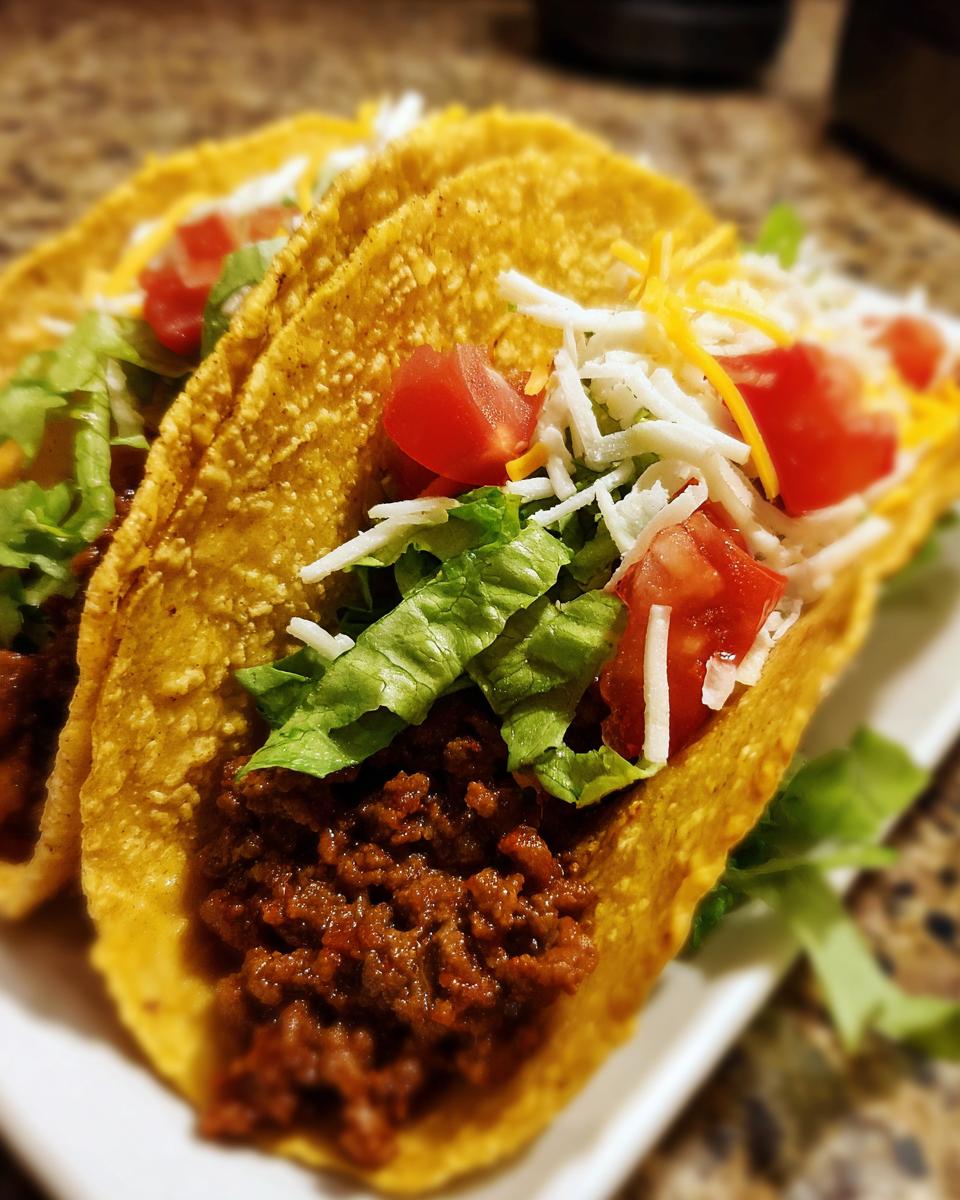 Close-up of two crispy Air Fryer Tacos Extravaganza filled with seasoned meat, lettuce, tomatoes, and cheese.