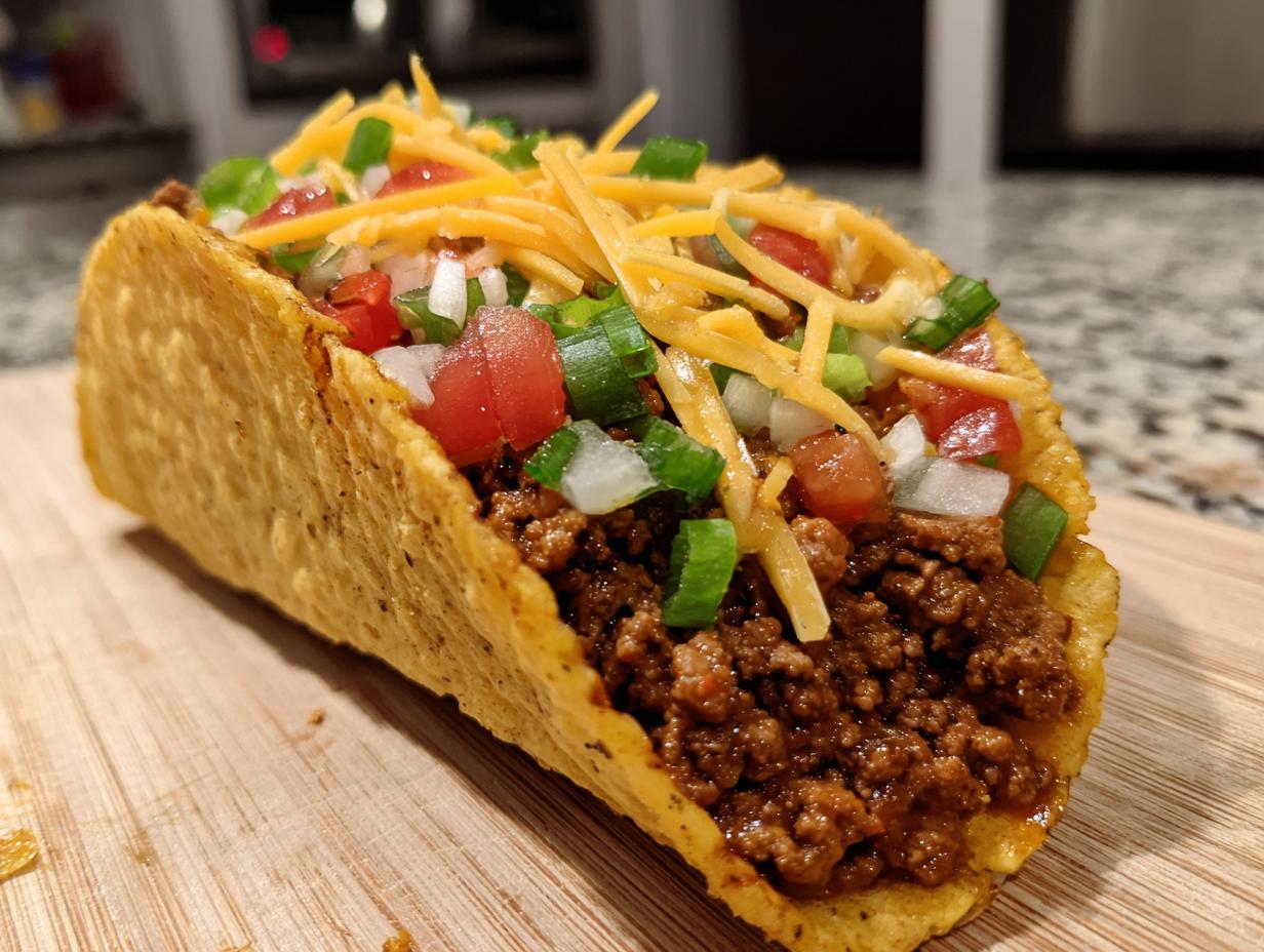 Close-up of a fully loaded Air Fryer Tacos Extravaganza with beef, cheese, tomatoes, onions, and green onions.