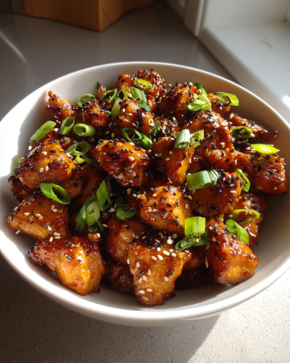 A bowl of glistening Air Fryer Teriyaki Chicken, garnished with sesame seeds and green onions.