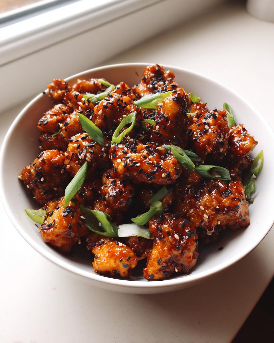 A bowl of delicious Air Fryer Teriyaki Chicken garnished with sesame seeds and green onions.