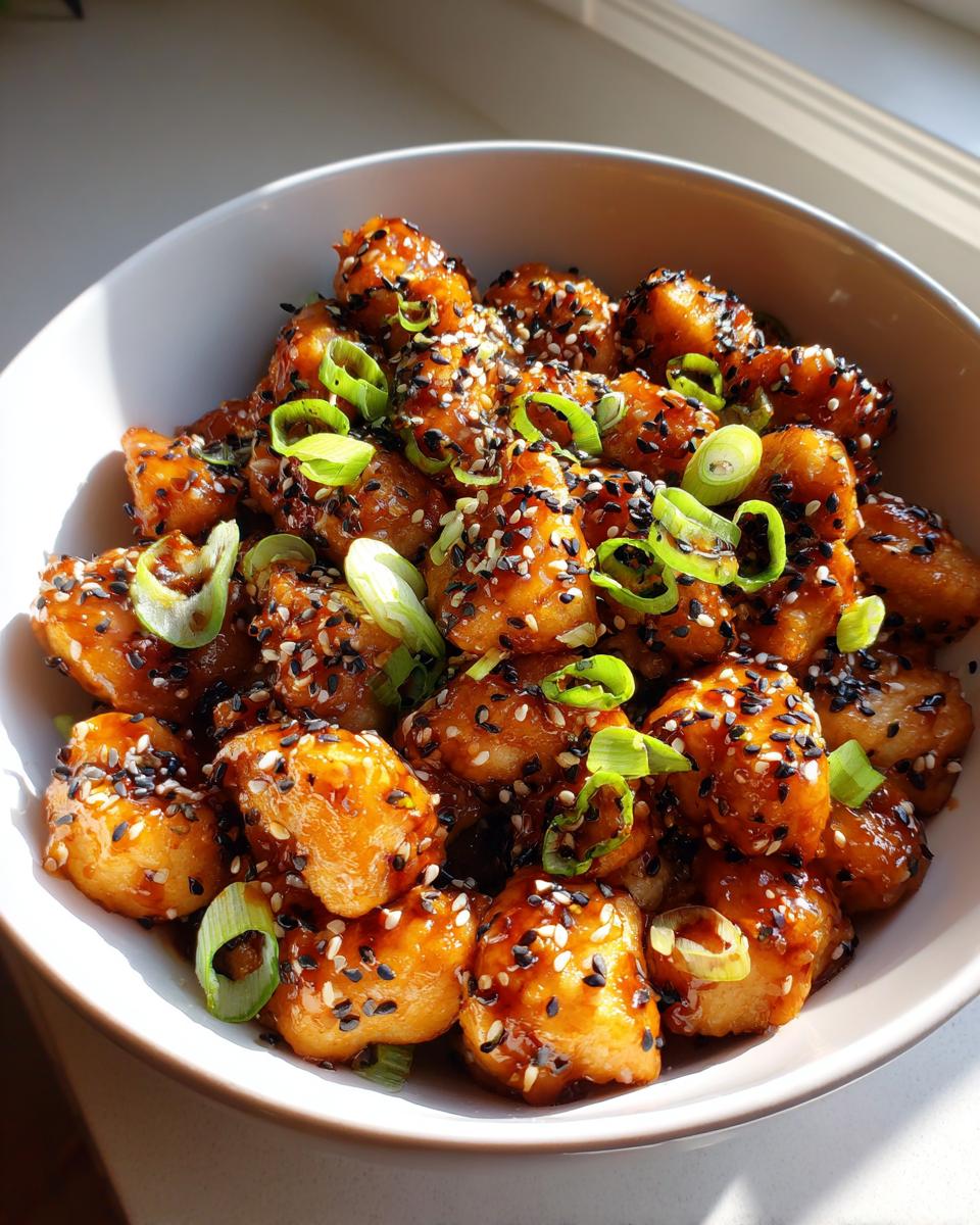 A bowl of air fryer teriyaki chicken bites, garnished with sesame seeds and green onions.