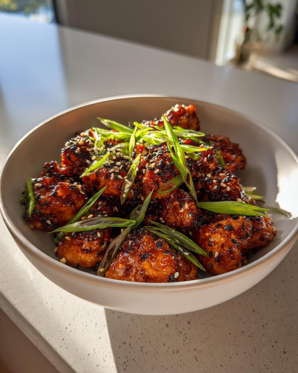A bowl of glistening Air Fryer Teriyaki Chicken garnished with sesame seeds and fresh scallions.