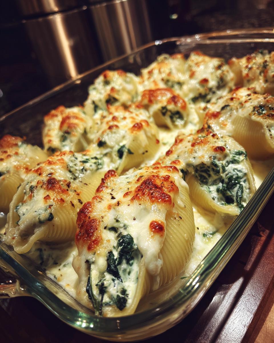 Close up of Alfredo Stuffed Shells in a glass baking dish, topped with melted cheese and spinach.