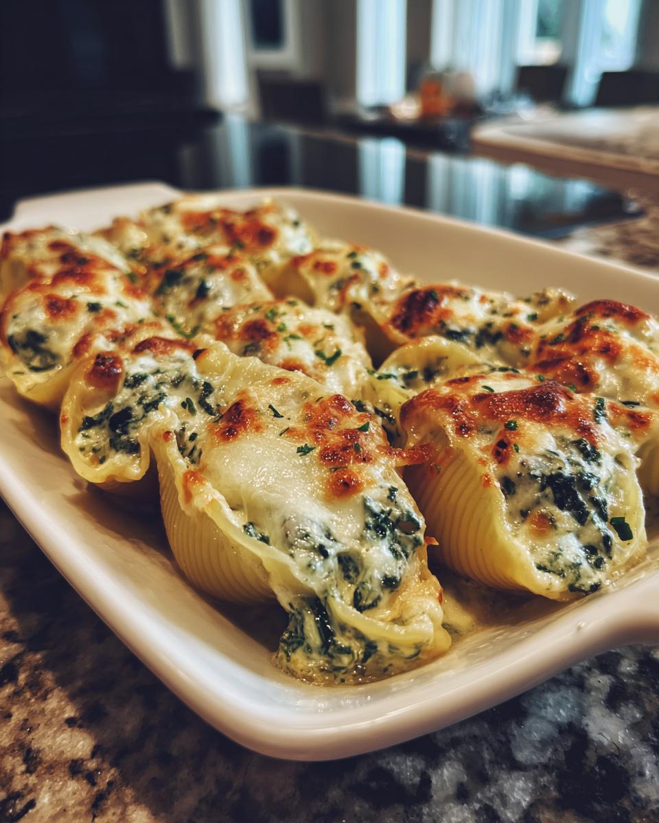 Close-up of Alfredo Stuffed Shells in a white baking dish, topped with melted cheese and herbs.