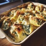 A baking dish filled with Alfredo Stuffed Shells, topped with cheese and herbs, ready to serve.