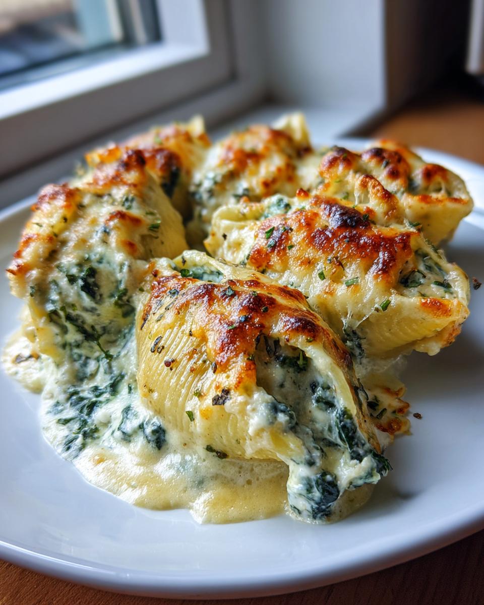 Close-up of Alfredo Stuffed Shells filled with spinach and cheese, topped with a creamy Alfredo sauce on a white plate.