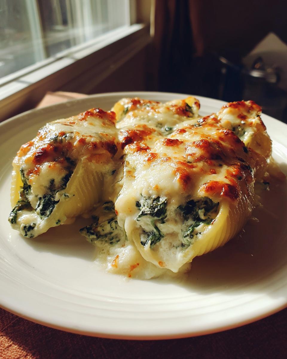 Three Alfredo Stuffed Shells filled with spinach and ricotta, topped with melted cheese on a white plate.