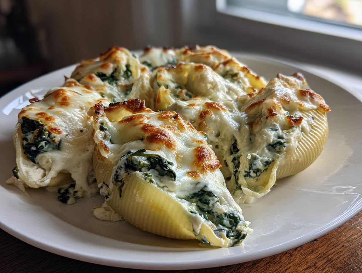 A plate of Alfredo Stuffed Shells filled with spinach and topped with melted cheese.