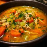 A close-up of a bowl of Anti-Inflammatory Chicken Soup with chicken, carrots, celery, and parsley.