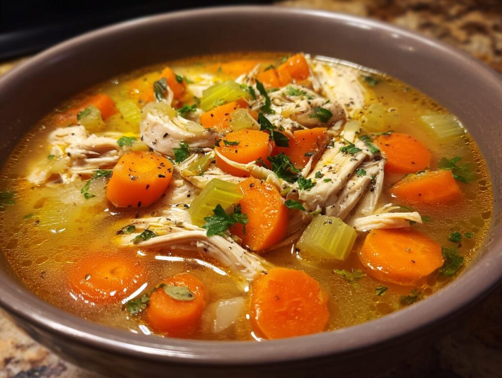 A comforting bowl of Anti-Inflammatory Chicken Soup with carrots, celery, and shredded chicken.