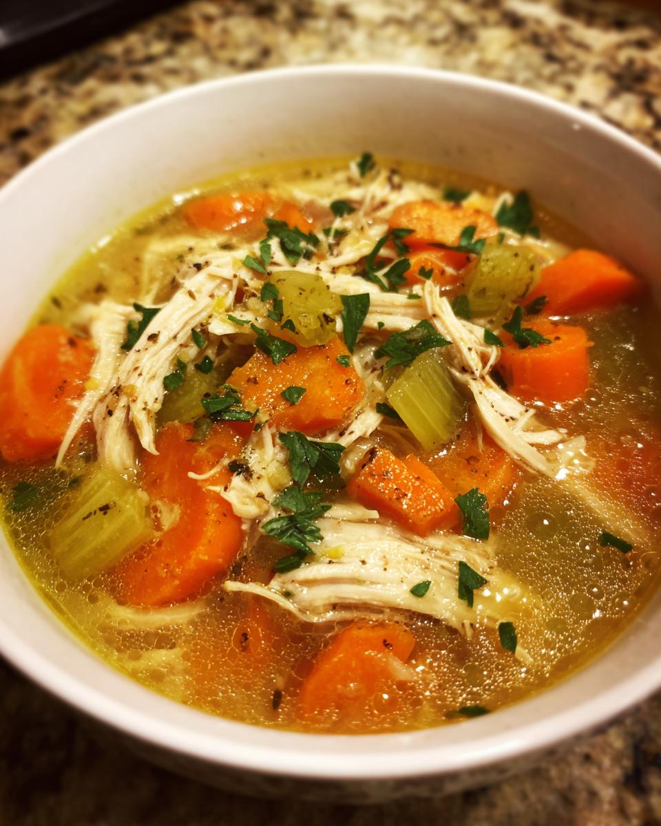 Close-up of a bowl of Anti-Inflammatory Chicken Soup with chicken, carrots, celery, and parsley.