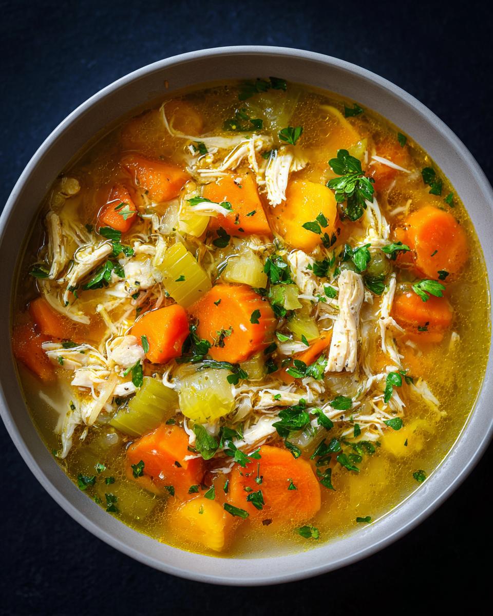 Overhead view of a bowl of Anti-Inflammatory Chicken Soup with chicken, carrots, celery, and parsley.
