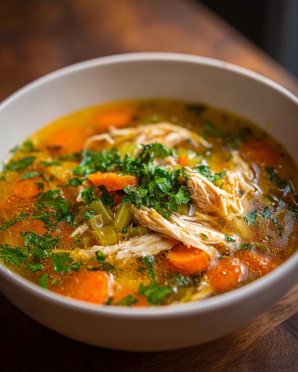 Close-up of a bowl of Anti-Inflammatory Chicken Soup with chicken, carrots, celery, and parsley.