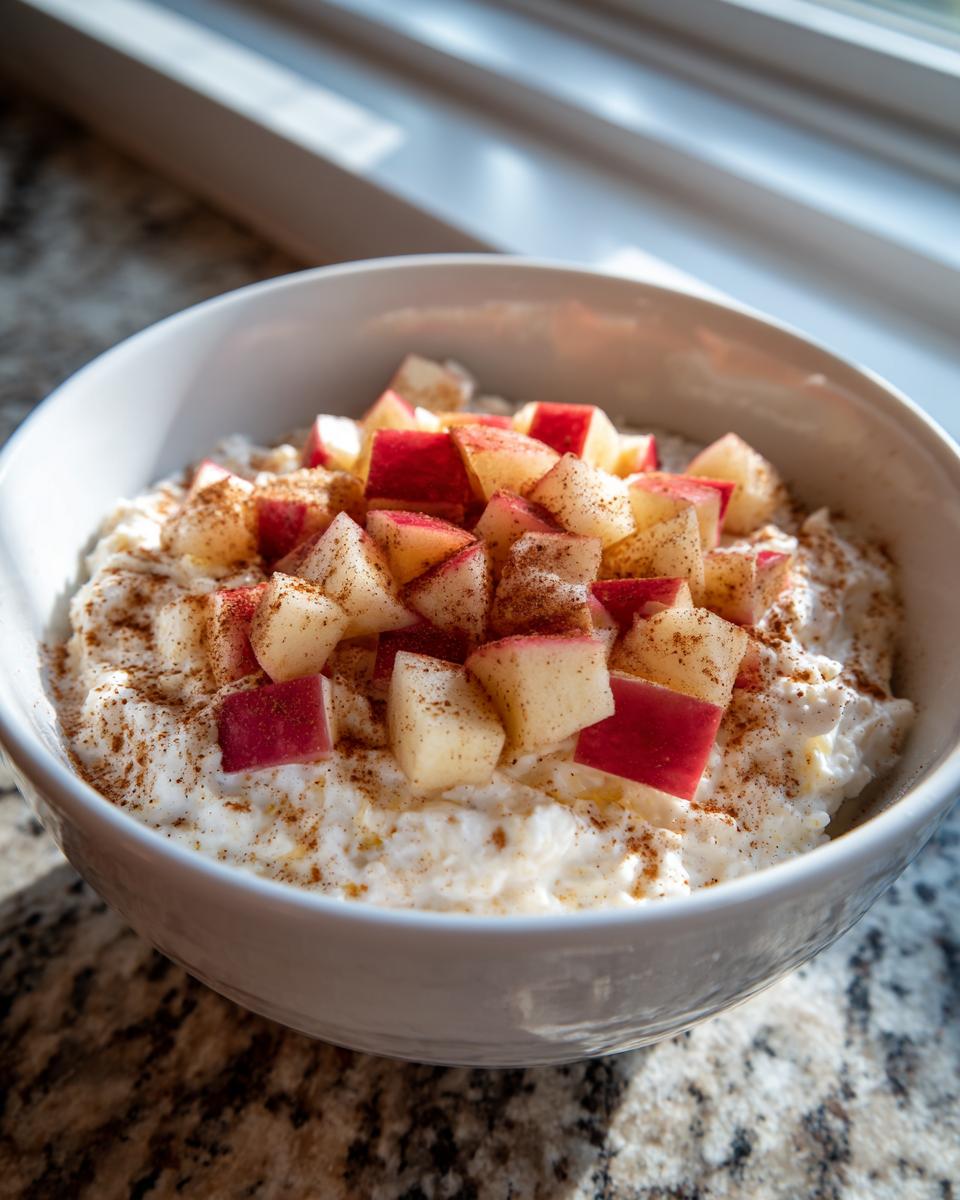 A bowl of Apple Cinnamon Cottage Cheese, topped with diced apples and a sprinkle of cinnamon.