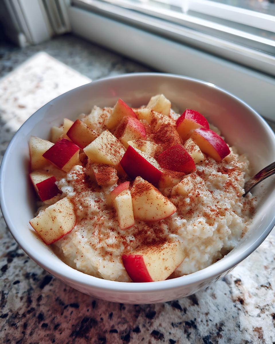 A bowl of Apple Cinnamon Cottage Cheese, topped with diced apples and a sprinkle of cinnamon.
