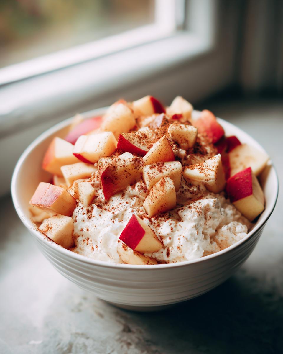 A bowl of Apple Cinnamon Cottage Cheese, featuring diced apples and a sprinkle of cinnamon.