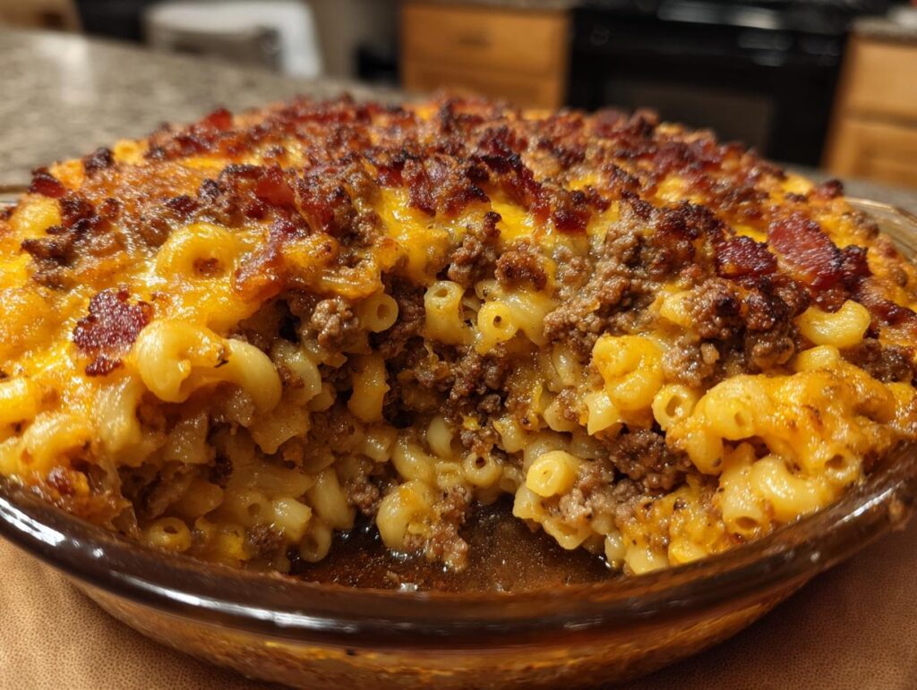 A close-up of a freshly baked Bacon Cheeseburger Casserole in a glass dish, showing layers of pasta, meat, cheese, and bacon.