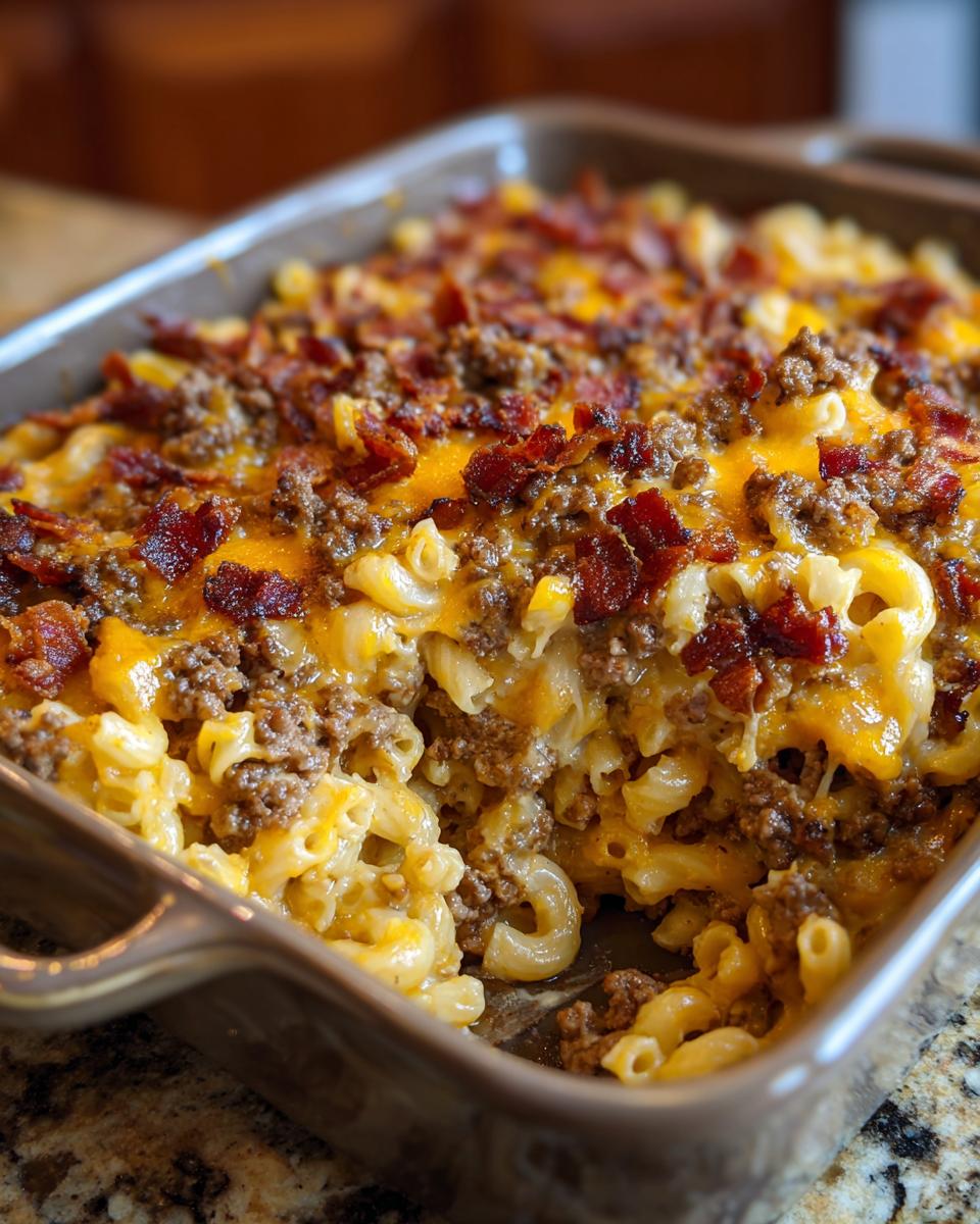 Close-up of a cheesy Bacon Cheeseburger Casserole with macaroni, ground beef, and bacon in a baking dish.