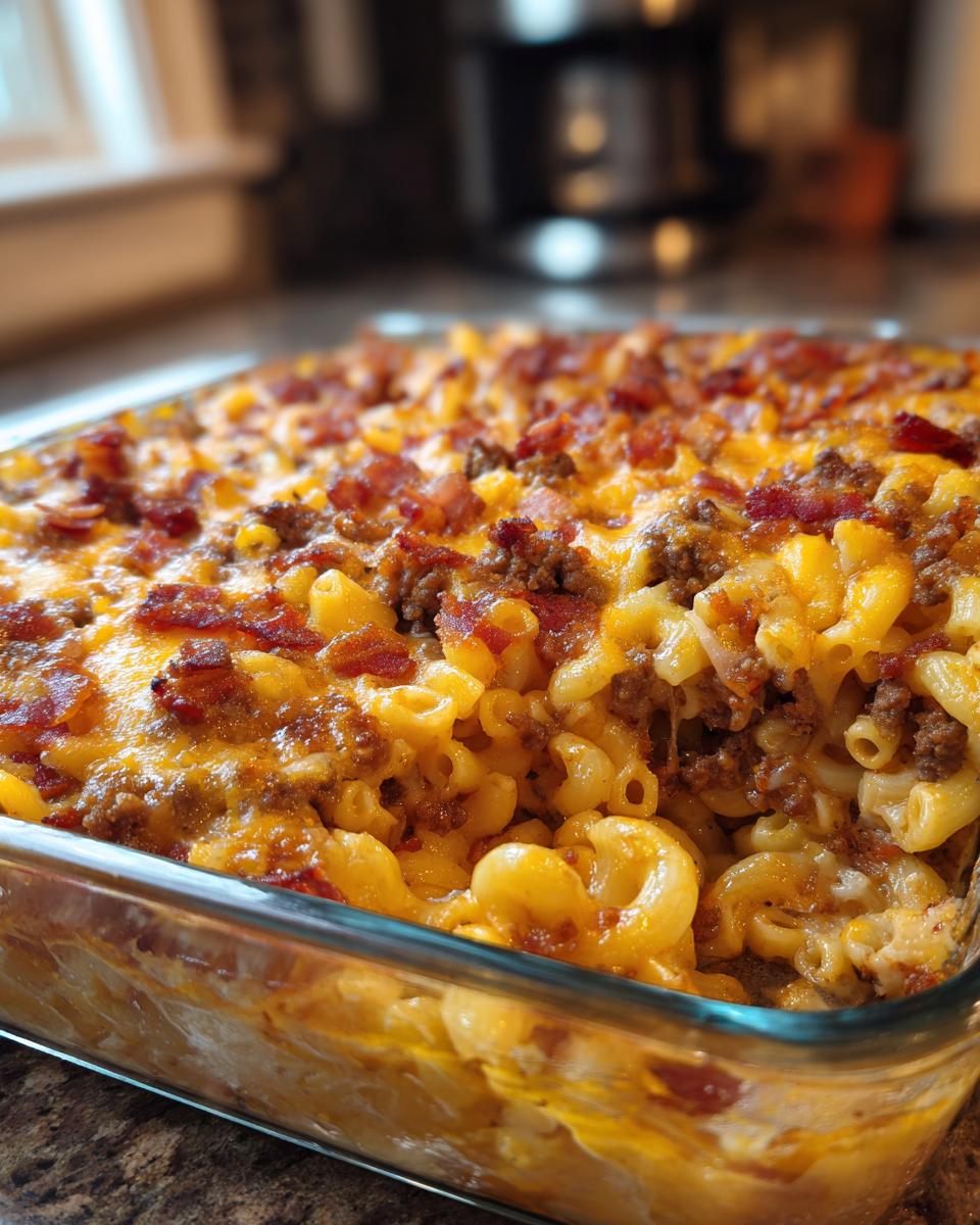 Close-up of a freshly baked Bacon Cheeseburger Casserole in a glass dish, topped with melted cheese and crispy bacon.