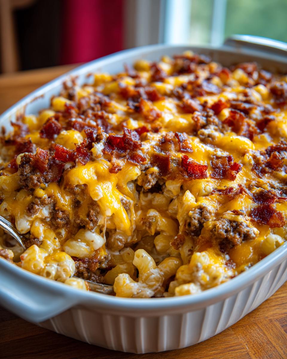Close-up of a cheesy Bacon Cheeseburger Casserole in a white baking dish with a spoon scooping a serving.