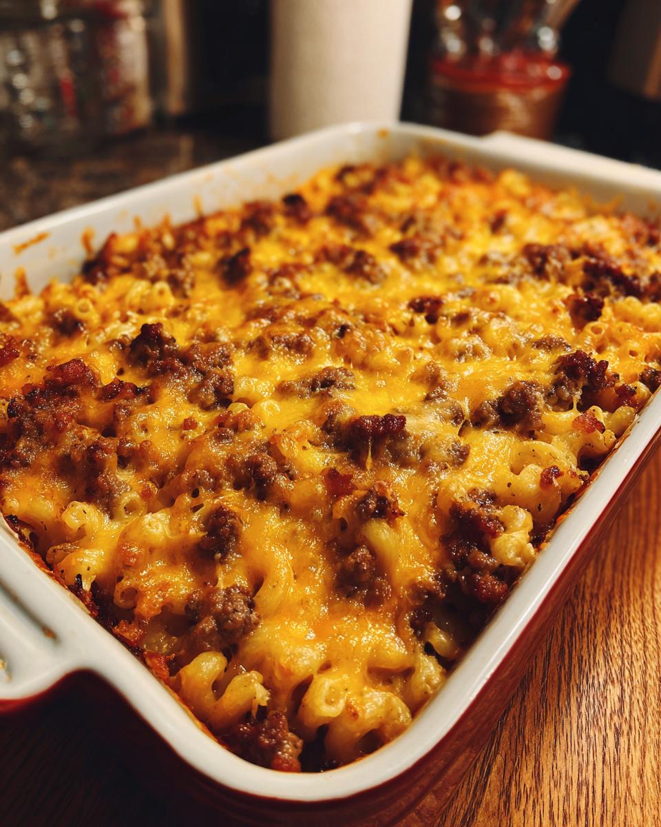 A freshly baked Bacon Cheeseburger Casserole in a red and white baking dish, topped with melted cheese.